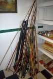 Large Assortment Of Fishing Poles And Reels, Some Older Some Newer, Some Are Broke, 1 Plastic Case