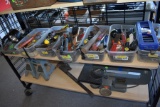 2 Shelves Of Tools, Jack Stands, Pipe Wrench, Scroll Saw, Hand Tools