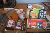2 Boxes Of Assorted Advertising Tins And Containers