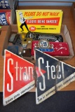 Stran Steel Sign, Thermometer, Clock, Assortment Of Belt Buckles