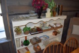 Wooden Shelf With Assortment Of Glassware, Dishes, Porcelain, hobnail Opalescent Glassware