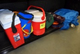 Assortment Of Hard Coolers, Plastic Trays, Mini Tents With No Stakes
