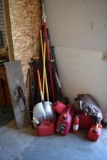 (6) Gas Cans And Assortment Of Forks And Shovels