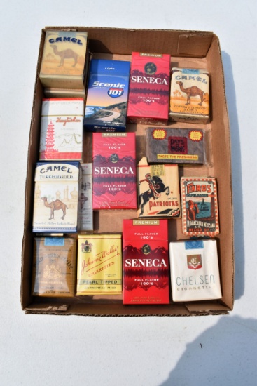 Assortment of cigarette packs, Faros, Patriotas, Johnnie Walker, Seneca, Camal