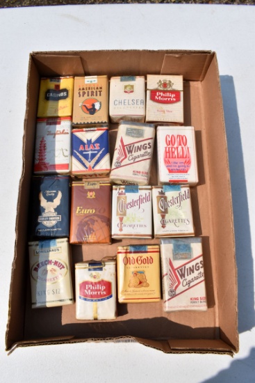 Assortment of cigarette packs, Alas, Wings, Philip Morris, Chelsea, American Spirit, Beech-Nut, Old