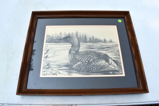 W. Eller Loon Framed and Numbered Pencil Drawing, 113/500 C1986