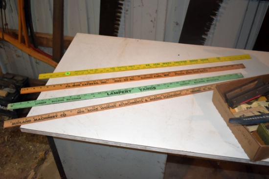 4 Advertising Yard Sticks, Belt Lacer, Simonds Cross Cut Saw Tool, Oil Can