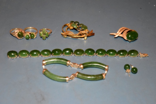 Jade Jewelry, 3 Rings, 2 Pins, 2 Bracelets & I Set of Earrings