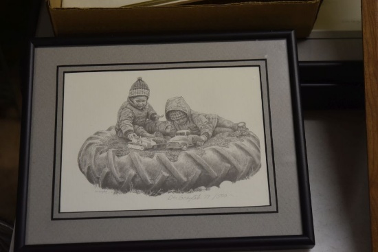 Don Greytak Print Of Kids in Tire Sandbox, 5 x 7 Framed