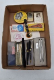 Pen sets, pins, Great Western R.Y. matches, Shirley Temple's School Days Mirror, Railroad Fobe