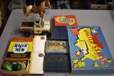Assortment playing cards, Tonka Truck, poker chips, games