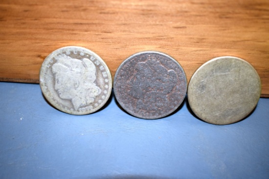 3 Silver Dollar Coins, Very Worn, selling 3x$