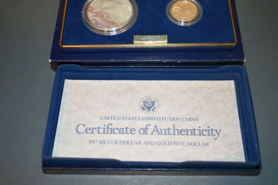 United State Constitution Coins 1987 Silver Dollar and Gold Five Dollar