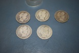 5 Assorted Barber Quarters 1900s, selling 5x$