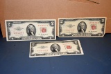 3 1953 Two Dollar Red Seal Bills, selling 3x$