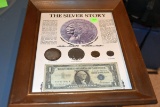 The Silver Story Framed, 1957 Silver Certificate, 1923 Peace Dollar, War Nickel & Silver Dime
