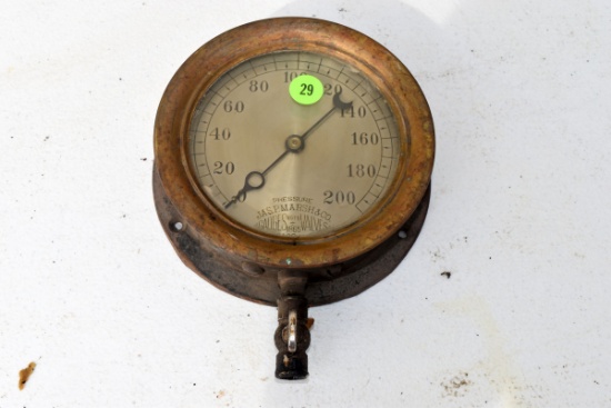 Antique vintage Jas.P. Marsh Co., brass bourdon spring pressure gauge, 5.5" diameter, glass appears