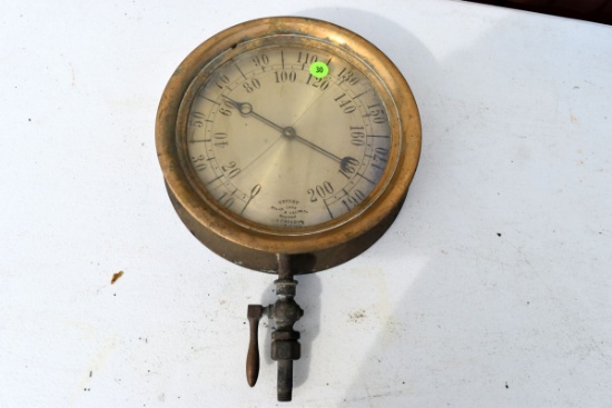 Antique vintage Crosby Steam Gage & Valve Co. brass gauge, 8.5"diameter, glass is cracked