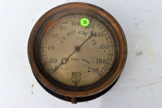 Antique vintage The Ashcroft MFG Co. brass plated pressure gauge, R.B. Whitacre Co. St. Paul, MN, 7"