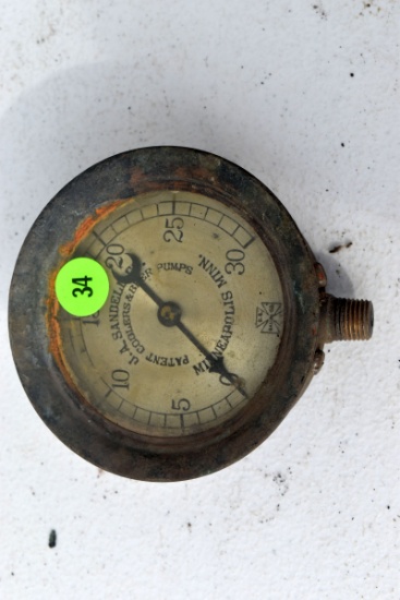 Antique vintage U.S. Gauge Co., 3.25" diameter brass pressure gauge, J.A. Sandell Co. Minneapolis Mi