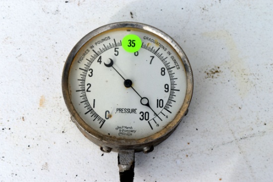 Antique vintage Jas. P. Marsh & Co. pressure gauge, 4.5" diameter, glass appears good