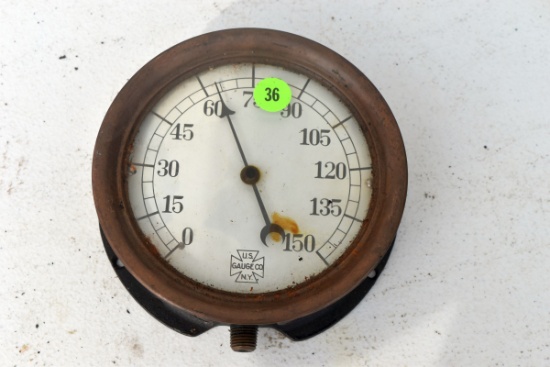 Antique vintage U.S. Gauge Co. 5" diameter brass pressure gauge, glass appears good