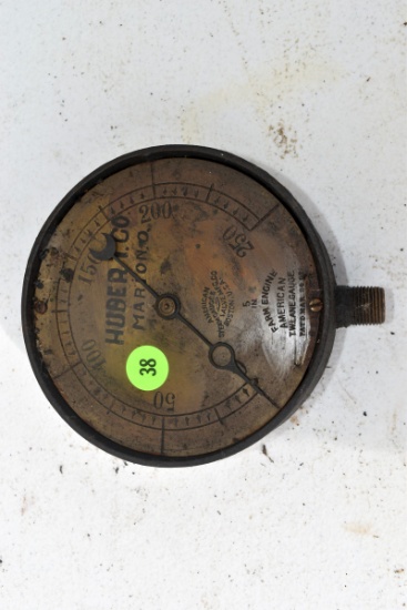 Antique vintage Huber Co. farm engine gauge made by American Steam Gauge & Valve Co., 5" Diameter, b