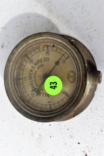Antique vintage Allis Chalmers MFG Co. Brass 3" diameter pressure gauge, made by American Schaeffer