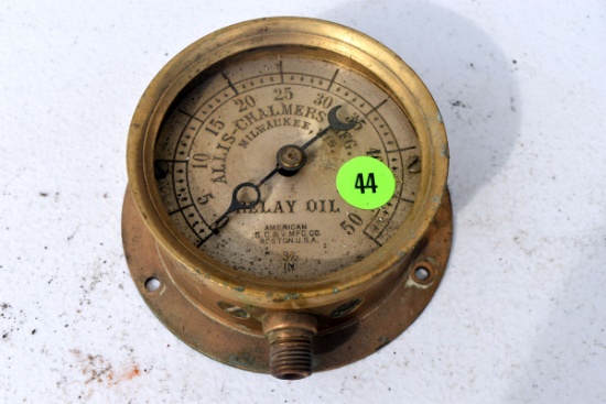 Antique vintage Allis Chalmers MFG Co. Brass 3" diameter pressure gauge, made by American Steam Gaug