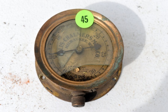 Antique vintage Allis Chalmers MFG Co. Brass 3.5" diameter relay oil gauge, made by American Steam G