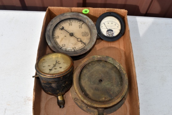 (4) Antique vintage pressure gauges, one Allis Chalmers Exhaust 5" brass gauge missing glass, Ashcro