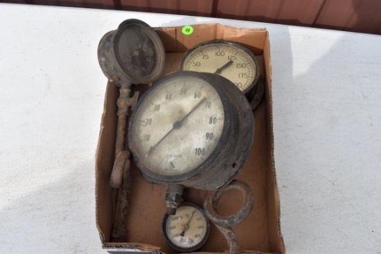 (4) Antique vintage pressure gauges, Ashcroft 6" diameter, Foxboro 5.25" diameter, Jas. P. Marsh 3.5