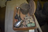 Assortment Of Horns, Bucket, Bicke Light & Wooden Butter Churn Top