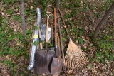 Assortment Of Rake, Shovels, Pipes, hoe