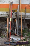 Large Assortment Of Garden Tools, Shovels,Rakes,Post Hole Digger, Broom