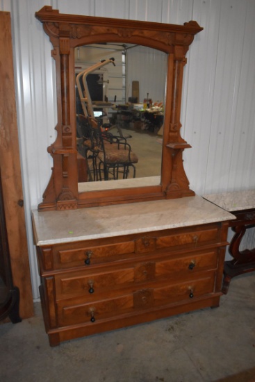 Fancy Walnut Marble Top Mirrored Dresser, 3-Drawer, Very Nice Condition, 52" Wide, 84" Tall