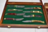 North American Hunting Club 8 Knife Hunting Heritage Collectors Knife Set, in Display Case, Leather