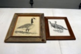 2 Framed Turkey & Goose Pencil Sketches, signed