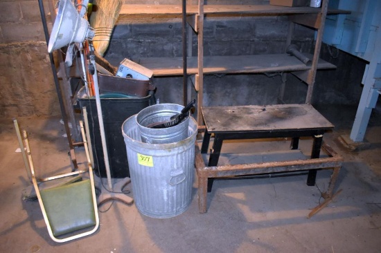 Garbage cans, forks and shovels, brooms and misc., located building 5