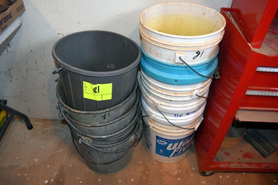 Assortment of metal and plastic pails, located building 5