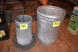 1 hanging poultry feeder, metal garbage can and pails, located building 5