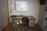 Metal office desk, office chair, hanging metal cabinet, located building 2
