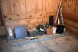 Assortment of rakes, tool box, ceramic tile, poles, located building 6