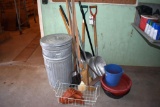 2 metal garbage cans 1 lid, forks and shovels, misc., located building 7