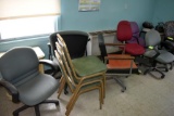 8 office chairs, 2 radios and round stand, located building 5