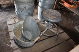 Metal stool, bushel basket and coal bucket, located building 9