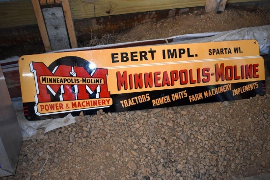 Porcelain Minneapolis Moline Dealer Sign, Ebert Implement Sparta Wi. In vinyl letters,