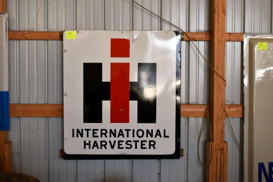 Single Sided Porcelain International Harvester Sign, Mounted On Wood Frame, 48"x53",