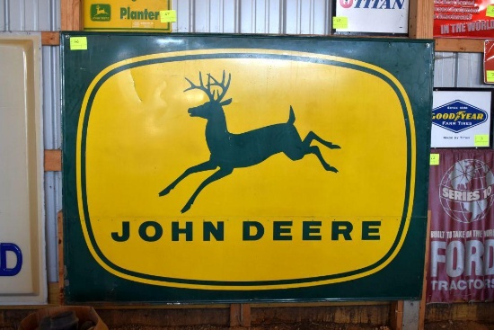 Original Single Sided John Deere 4 Legged Tin Sign, 69"x94"x2", with wooden back frame,