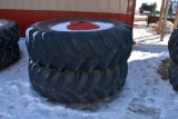 Pair of 20.8x38 Tires on M&W 9 Bolt Duals, Painted Red